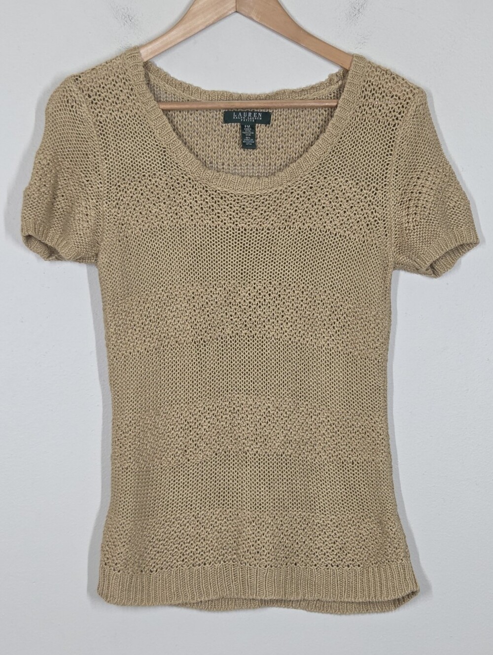 Lauren Ralph Lauren Tan Open Crochet Knit Linen Cotton Top PM Boho Coastal Prep